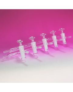 A Plus Double Manifold, Ports 5, High Vacuum Glass Valves, Hollow Glass Key With Evacuation Chamber, Line OD 22mm, Line Length 450mm, Front And Rear Left And Right End Hose Connection OD 10mm, Borosilicate 3.3 Glass