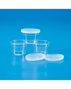 Kartell Specimen Container, Total Height (+lid) 31mm, Bottom External 36.7mm, Mouth External 45.2mm, Lid External 47.2mm, Nominal Capacity 22ml, Brimful Capacity 32ml, Material PS WITH PE LID